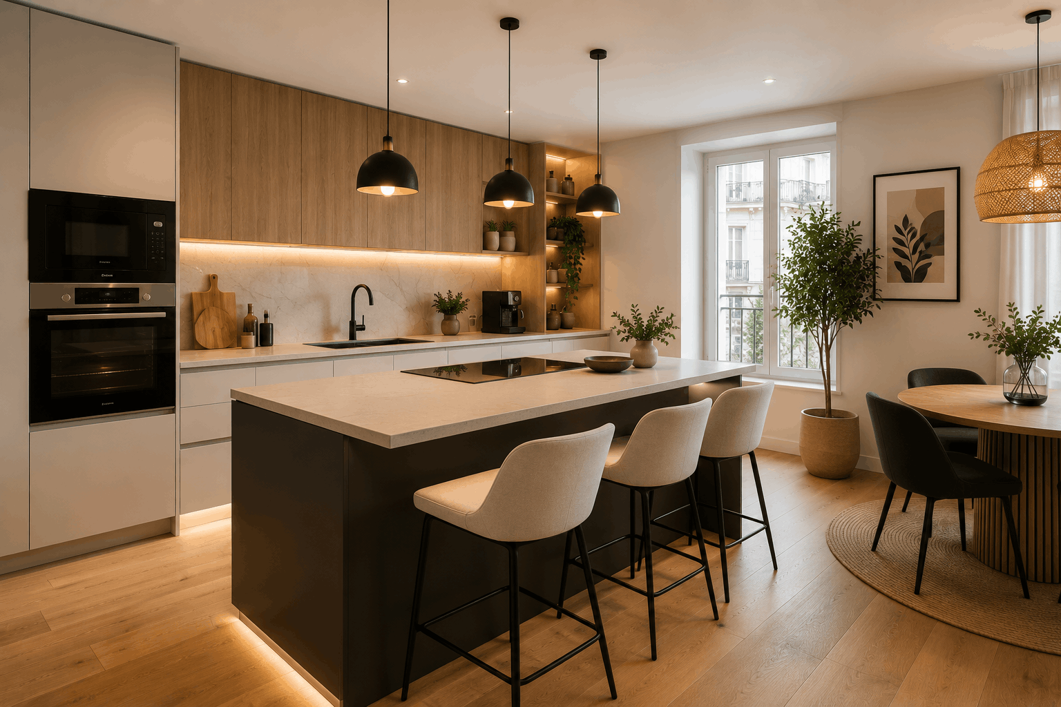 Rénovation appartement Strasbourg new 5 Cuisine moderne rénovée sur mesure à Strasbourg avec mobilier et éclairage contemporain.