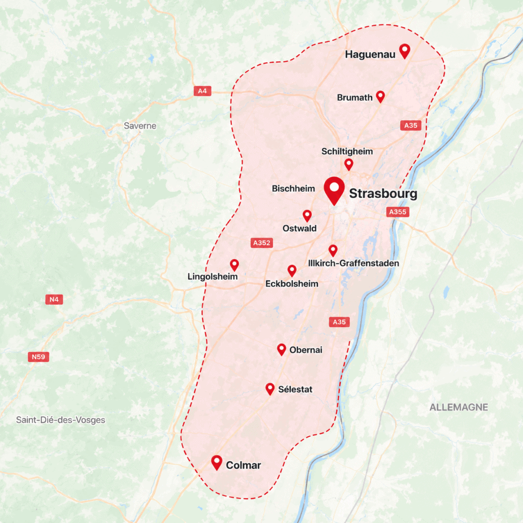 Carte de la zone d'intervention de Renaissance Rénovations en Alsace autour de Strasbourg