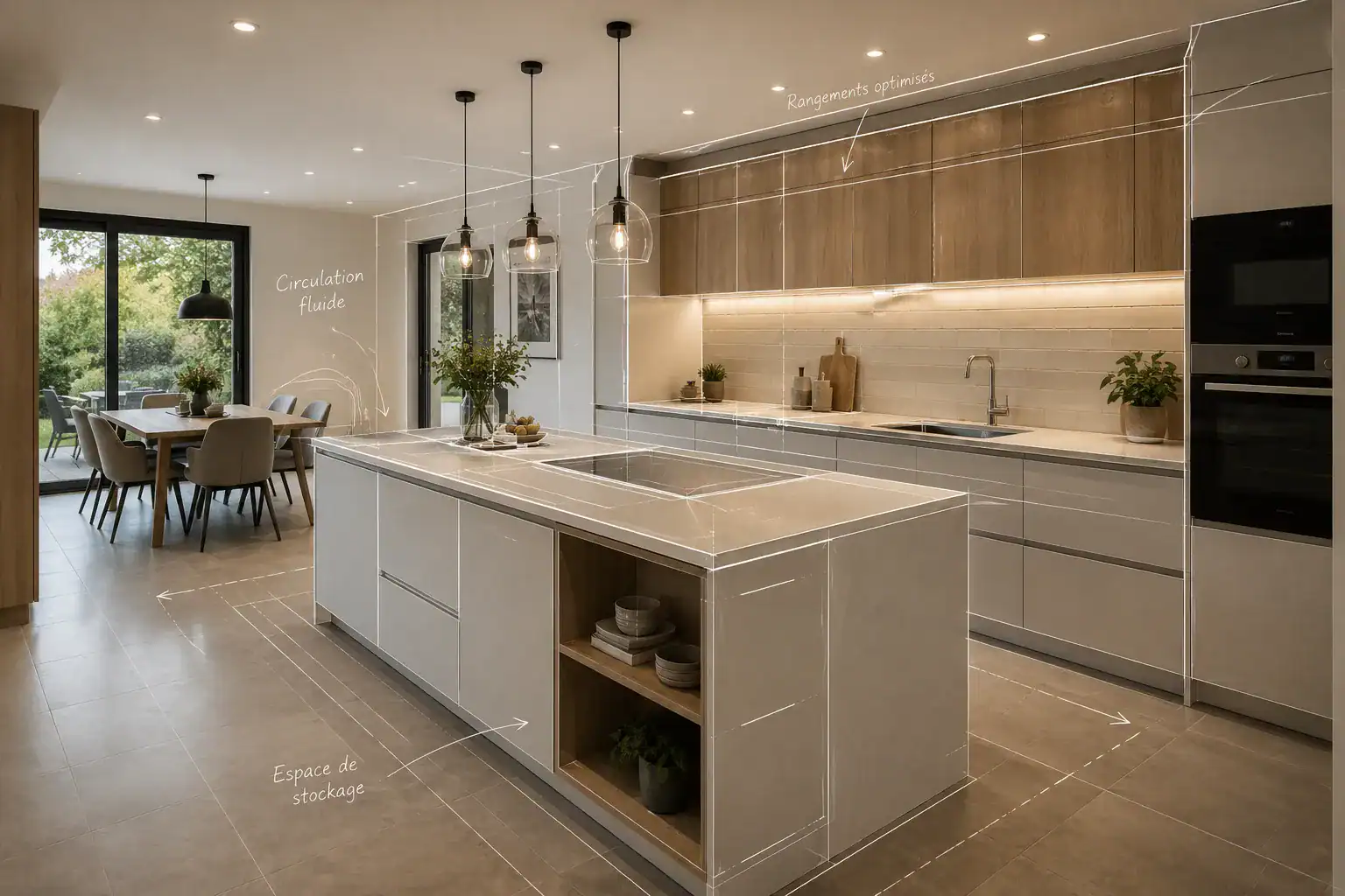 Agencement de cuisine à Strasbourg avec îlot central et optimisation des rangements