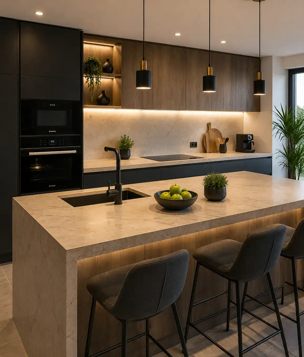 Cuisine moderne rénovée à Strasbourg avec îlot central et mobilier sur mesure
