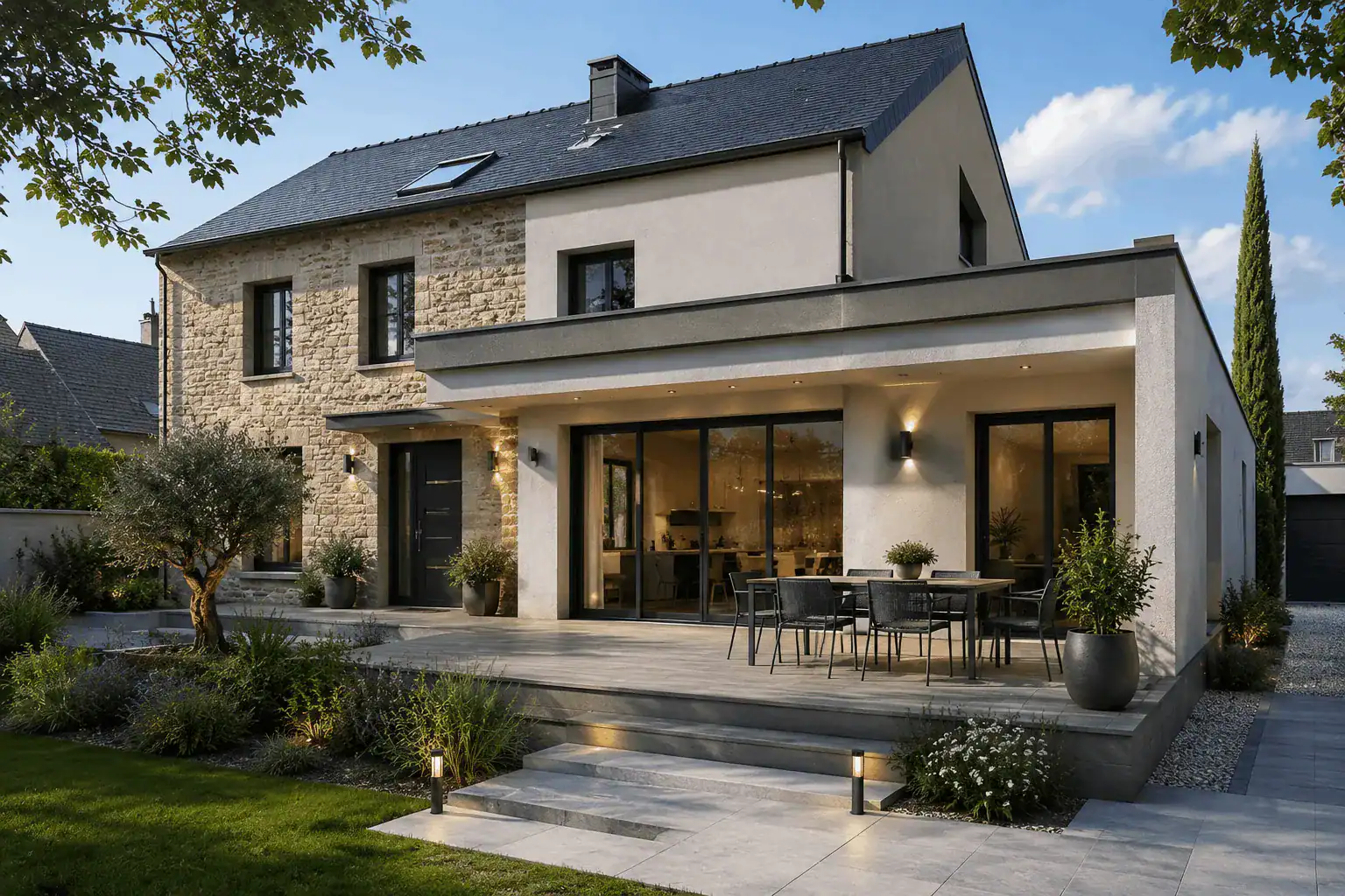 Maison rénovée à Strasbourg avec façade moderne, toiture rénovée et terrasse aménagée