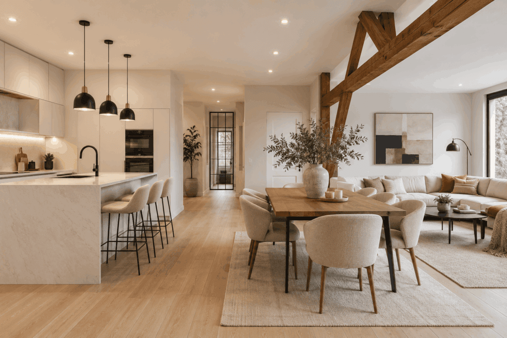 Intérieur moderne d'une maison rénovée à Strasbourg avec cuisine ouverte, salle à manger et salon réalisés par Renaissance Rénovations.