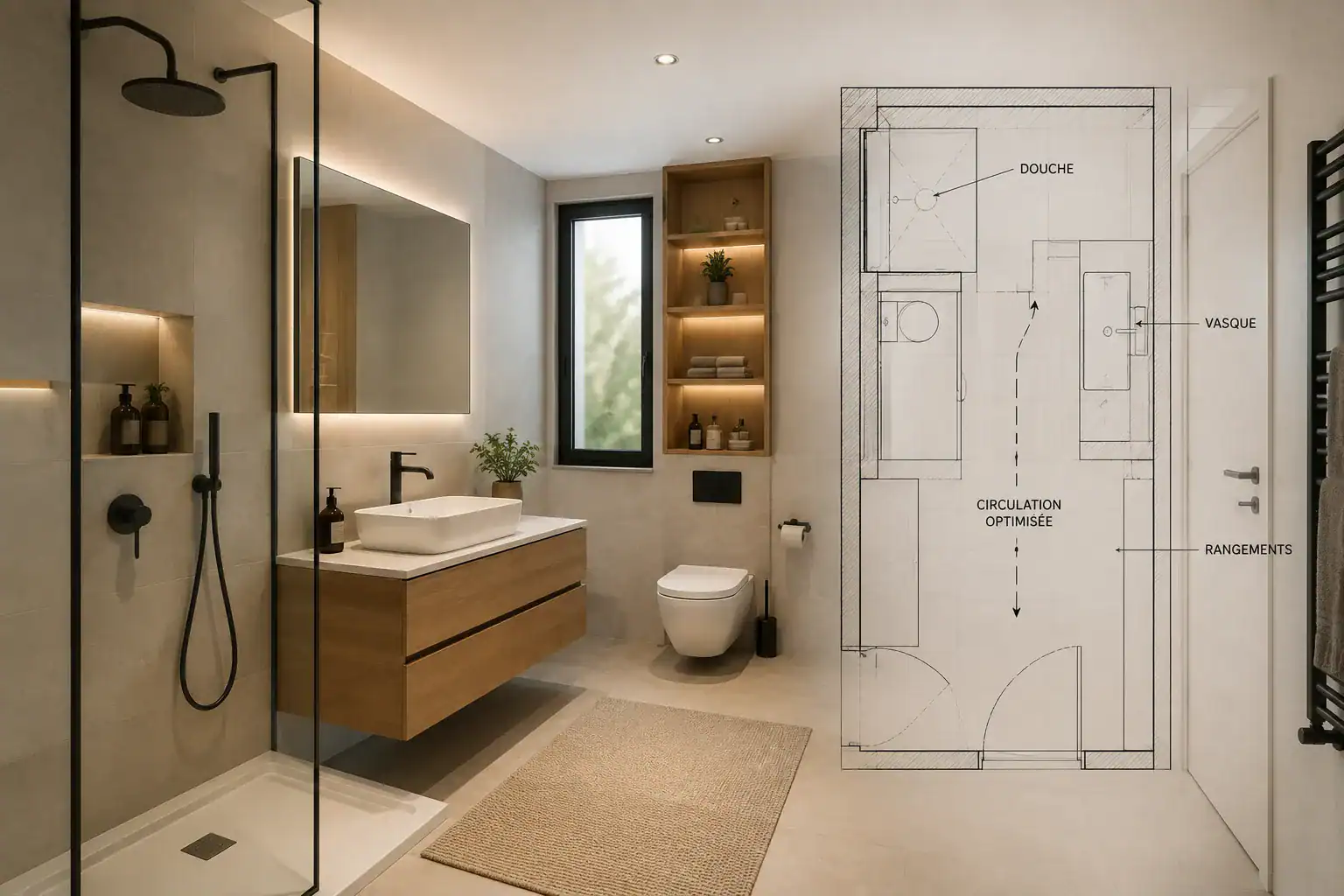 Agencement optimisé d’une salle de bain à Strasbourg avec douche et rangements