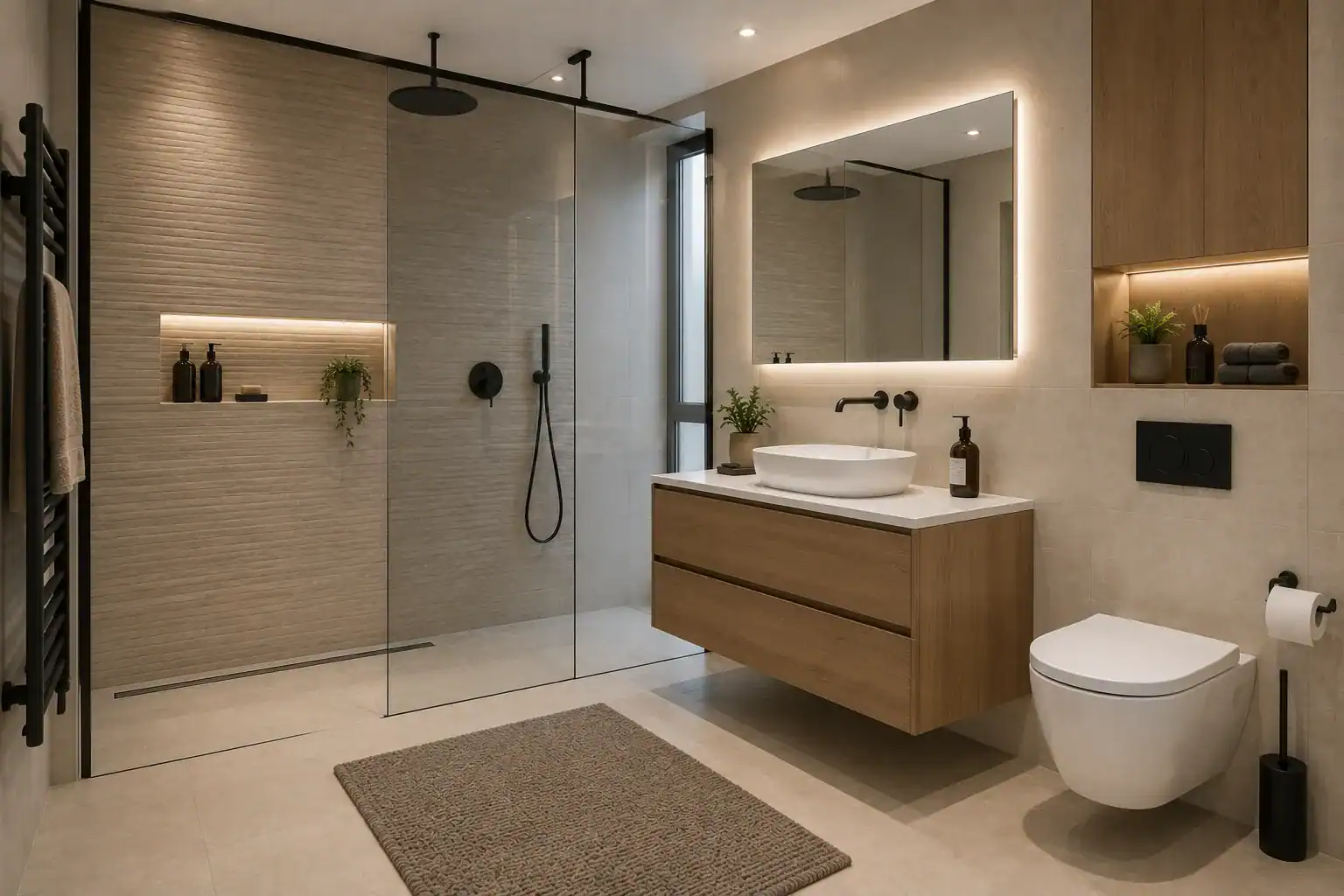 Douche à l’italienne et sanitaires dans une salle de bain rénovée à Strasbourg