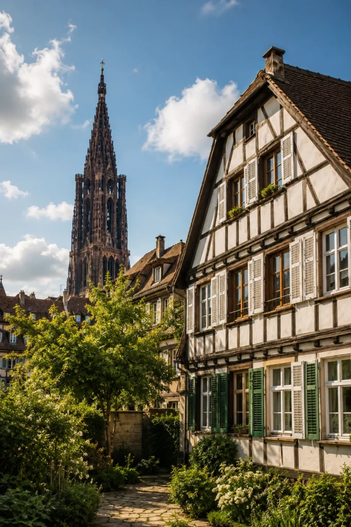 Maison alsacienne traditionnelle devant la cathédrale de Strasbourg illustrant une entreprise générale du bâtiment à Strasbourg