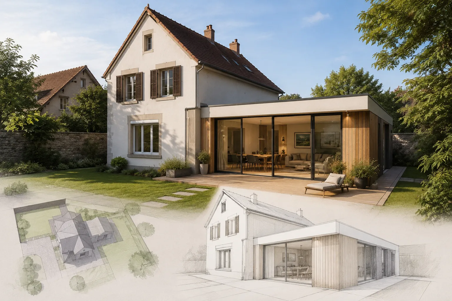 Étude de conception pour une extension de maison à Strasbourg avec plan d'implantation