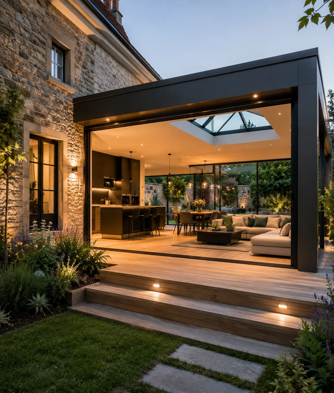 Extension de maison moderne à Strasbourg avec pièce de vie ouverte sur le jardin