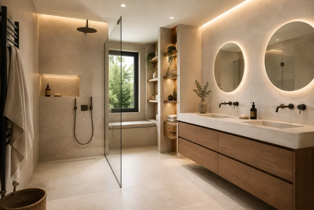 Rénovation de salle de bain à Strasbourg : salle de bain moderne sur mesure avec douche à l’italienne, baignoire, double vasque et finitions haut de gamme