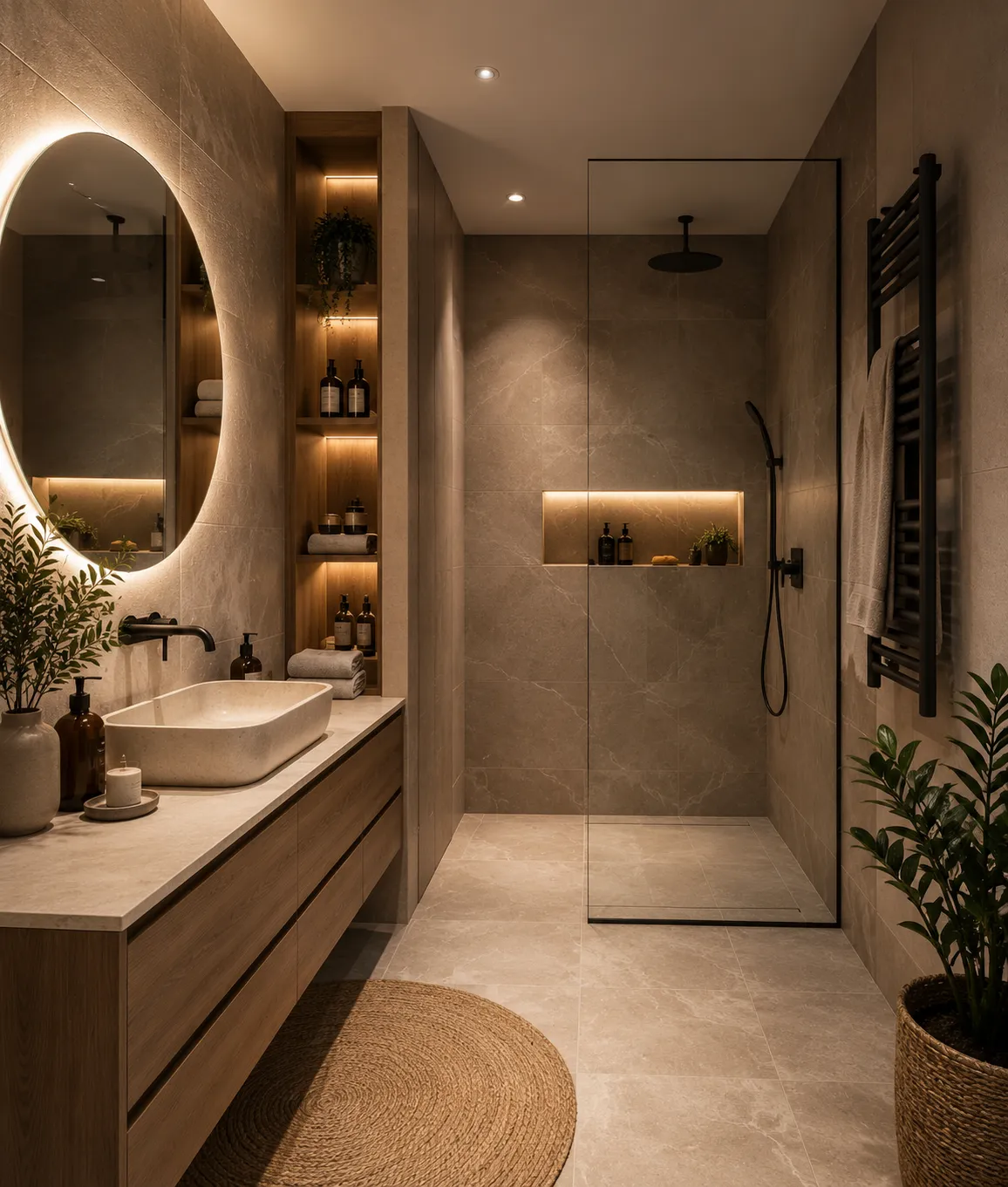 Salle de bain moderne rénovée à Strasbourg avec douche à l’italienne et mobilier sur mesure