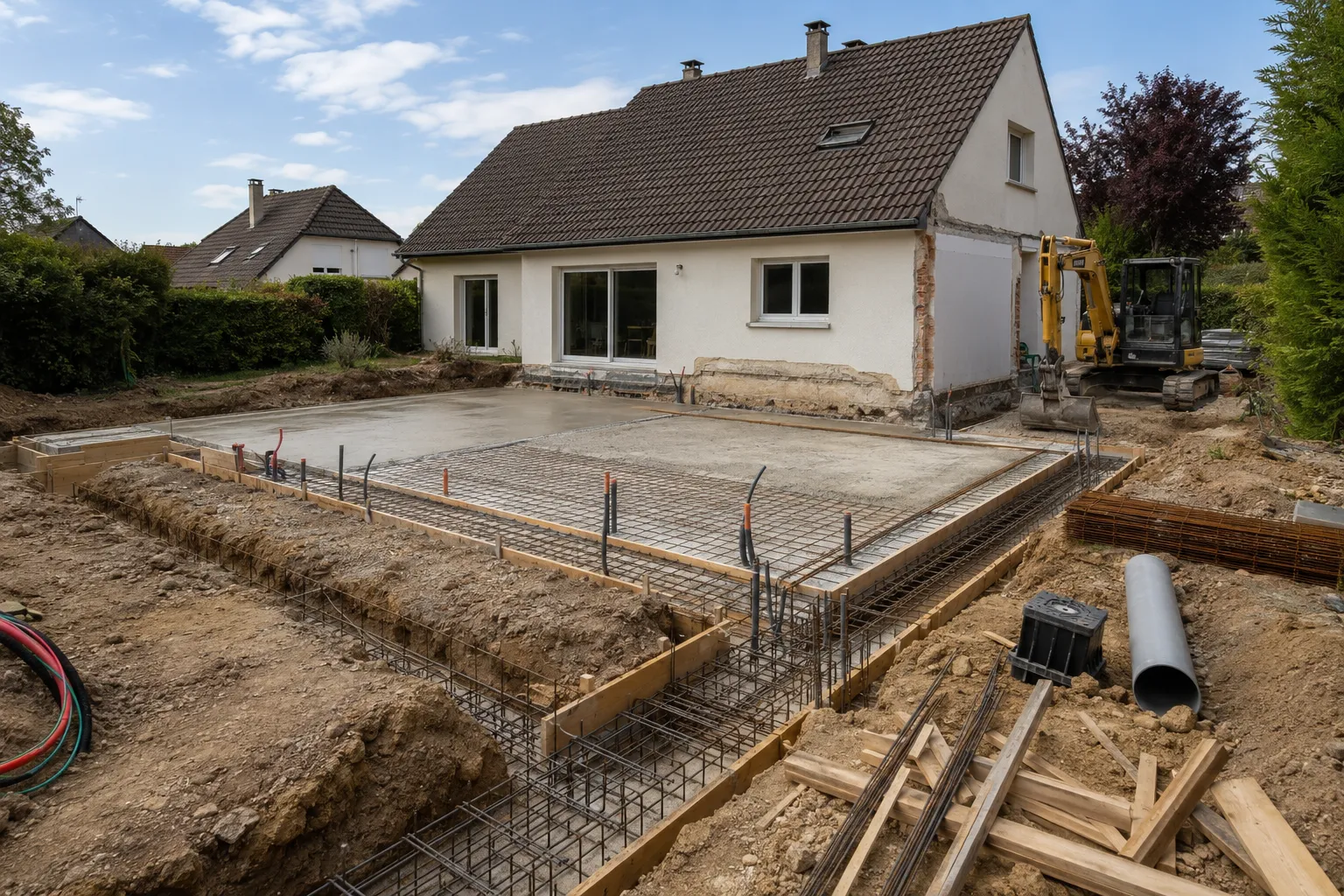 Terrassement et fondations d'une extension de maison à Strasbourg