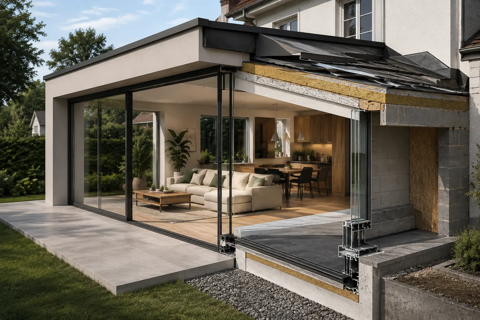 Toiture, isolation et baies vitrées d'une extension de maison à Strasbourg